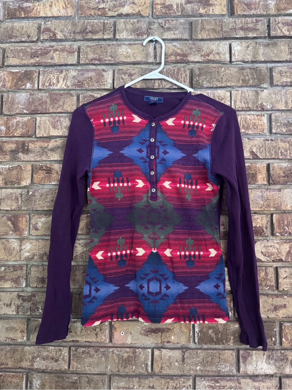 Vintage 90’s Chaps Ralph Lauren  Women's Purple Aztec southwestern Henley top